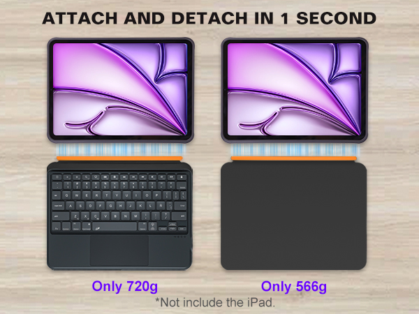 Text reads 'Only 720g' and 'Only 566g' in purple text. Multiple views of a black wireless keyboard with backlit purple lighting on wooden surface.