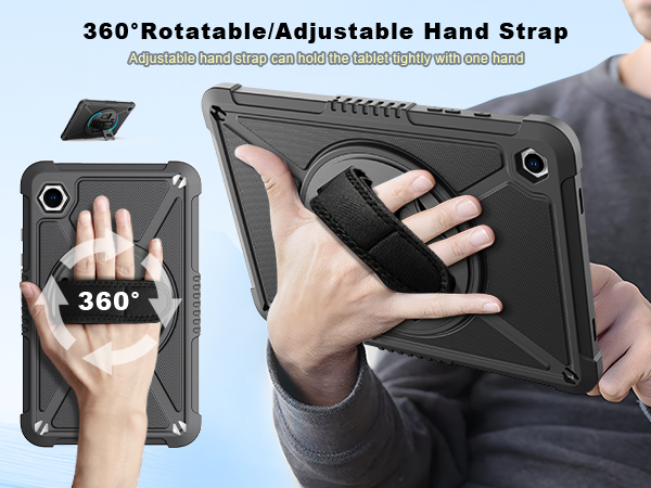 Text reads '360° Rotatable/Adjustable Hand Strap'. Series of images showing rotating hand strap mechanism on electronic device case with demonstration of adjustability.
