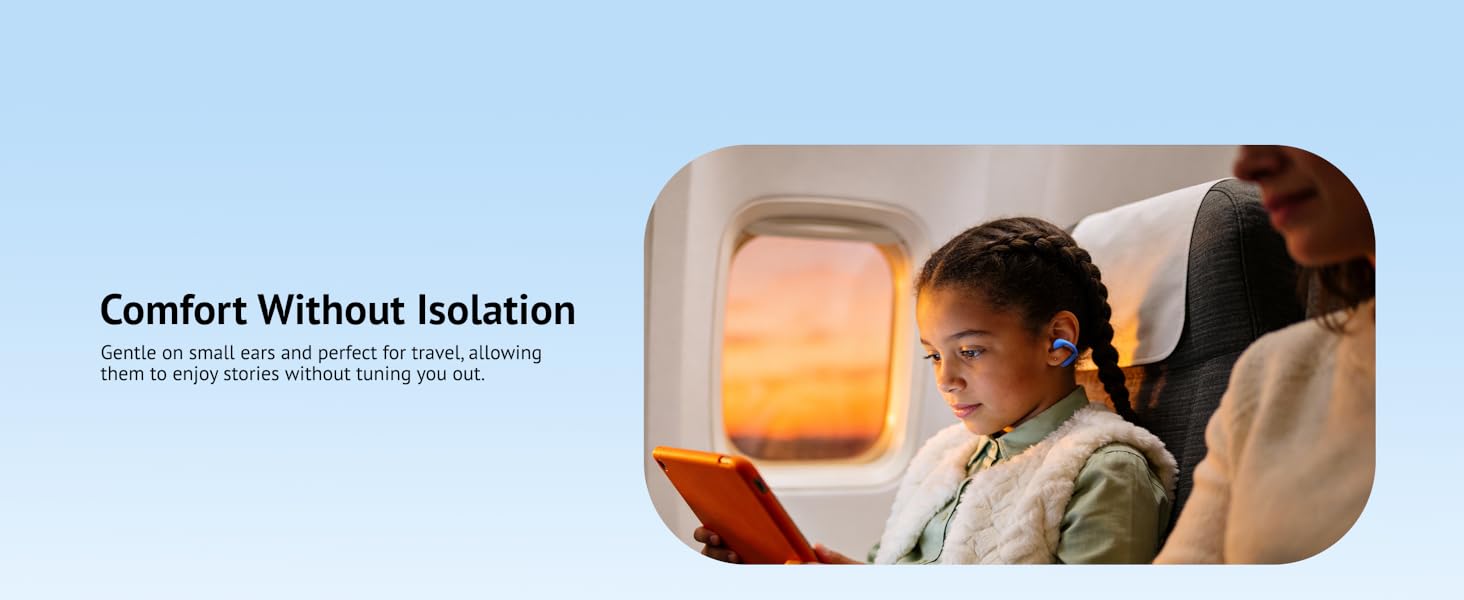 Child resting in car seat wearing open-ear headphones for travel and safe listening.