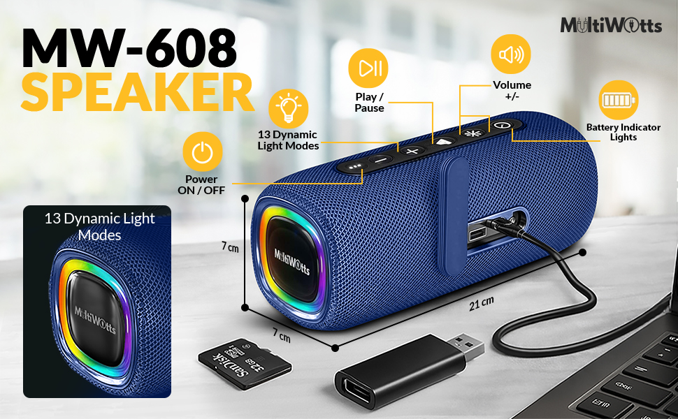 MW-608 speaker dimensions 21cm long portable bluetooth audio with 13 dynamic RGB light modes