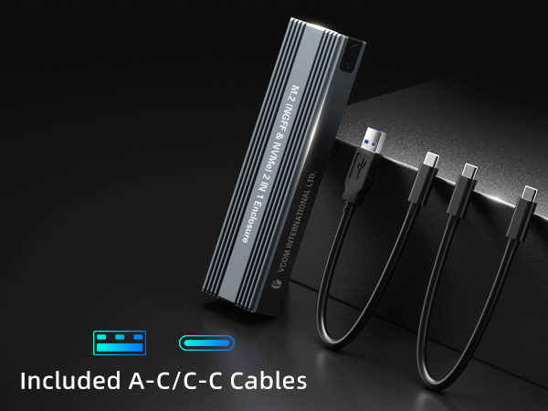 Portable SSD with ribbed metal casing, connected to multiple devices via included USB-A and USB-C cables. Blue LED indicators visible on the device.