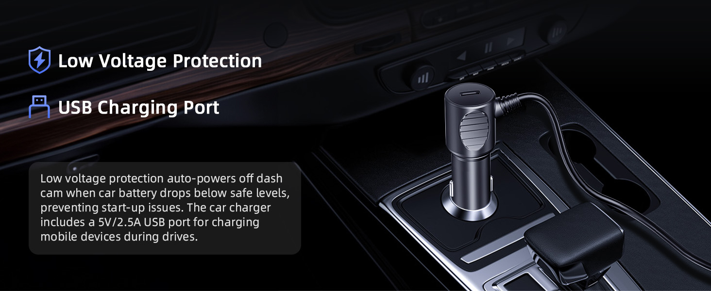 Text reads 'Image 2', 'Low Voltage Protection', 'USB Charging Port'. Dark interior car console showing USB charging port with protective features.