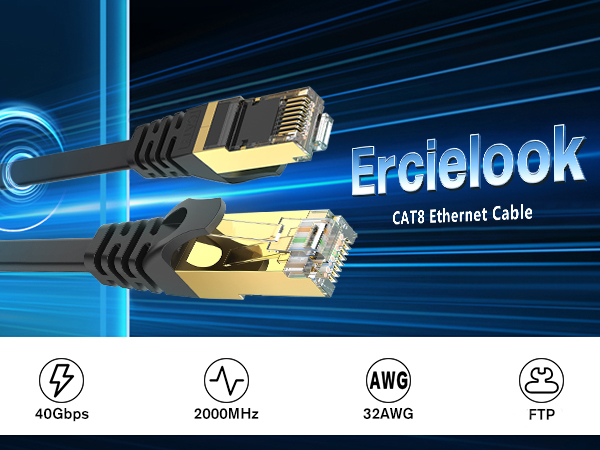 Ercielook Cat 8 Ethernet Cable supports bandwidth up to 2000MHz and data transfer speeds of 40Gbps.