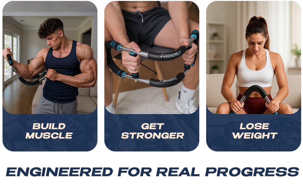 Men and woman using power twister to build muscle, get stronger, and lose weight at home.