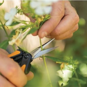 Close up of person&amp;#39;s hands using Micro-Tip Pruning snips to prune flowers