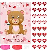PLULON Valentines Game for Kids Pin The Heart on The Bear with 24 Heart Stickers Poster Backdrop ...