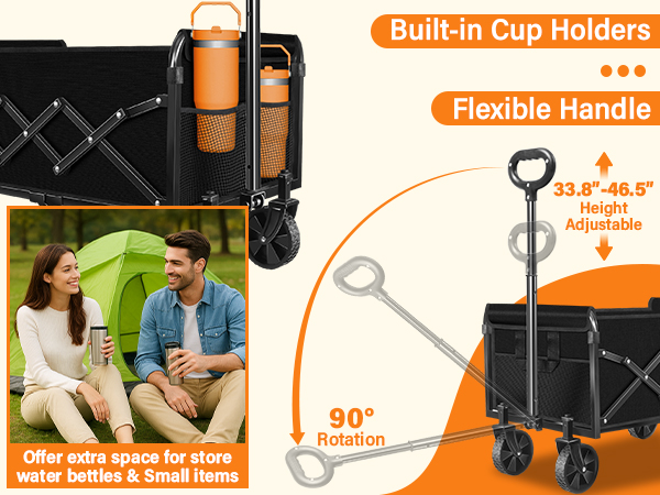 built-in cup holders and a flexible handle with adjustable height (33.8&amp;#34;-46.5&amp;#34;) and 90° rotation.