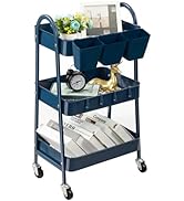 danpinera 3-Tier Rolling Cart, Metal Rolling Storage Cart with Lockable Wheels &amp; Hanging Cups &amp; H...