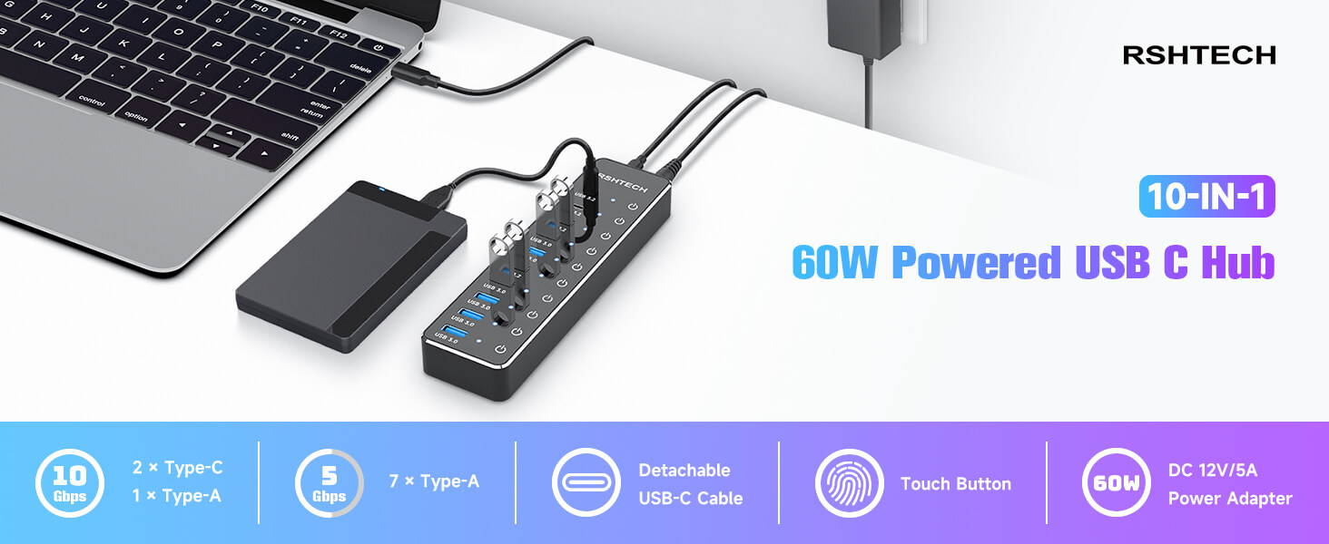 60W powered usb hub