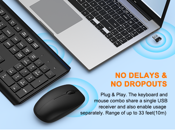 Wireless Keyboard and Mouse Combo, Full Size Silent Ergonomic Keyboard Mouse, Long Battery Life