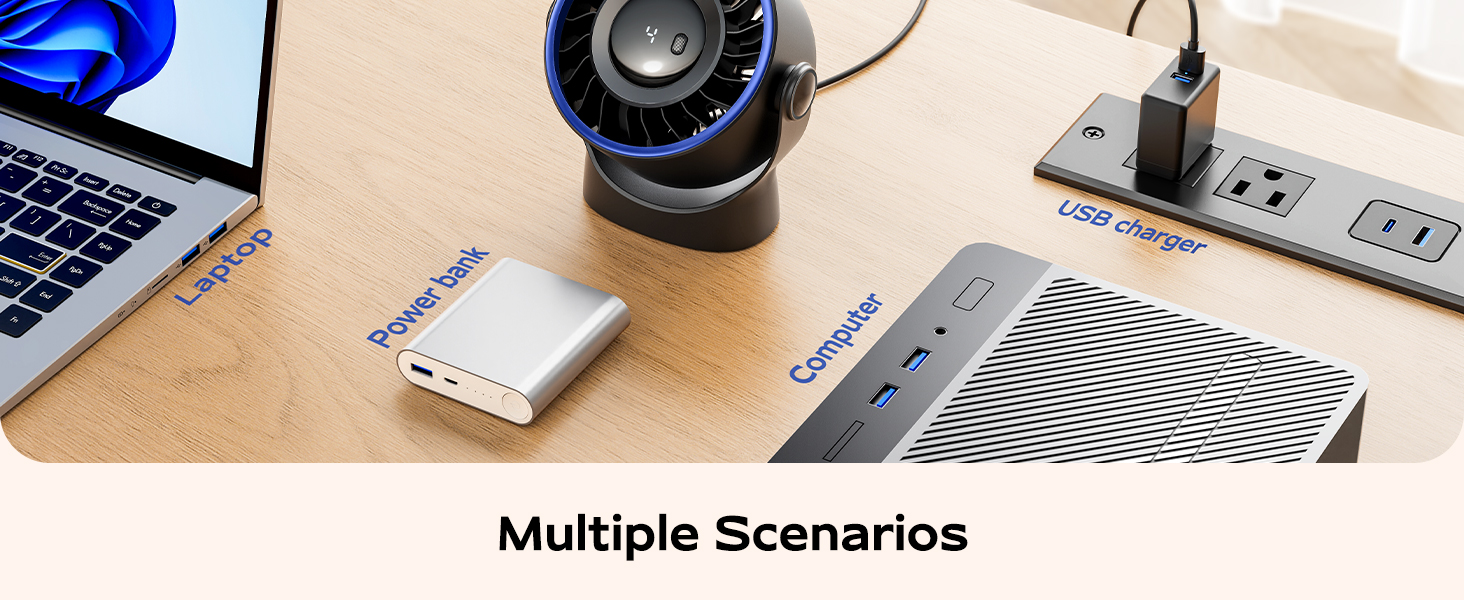 Text reads 'Multiple Scenarios'. Desktop setup showing various devices including laptop, headphones, charging accessories and power strip on wooden surface.
