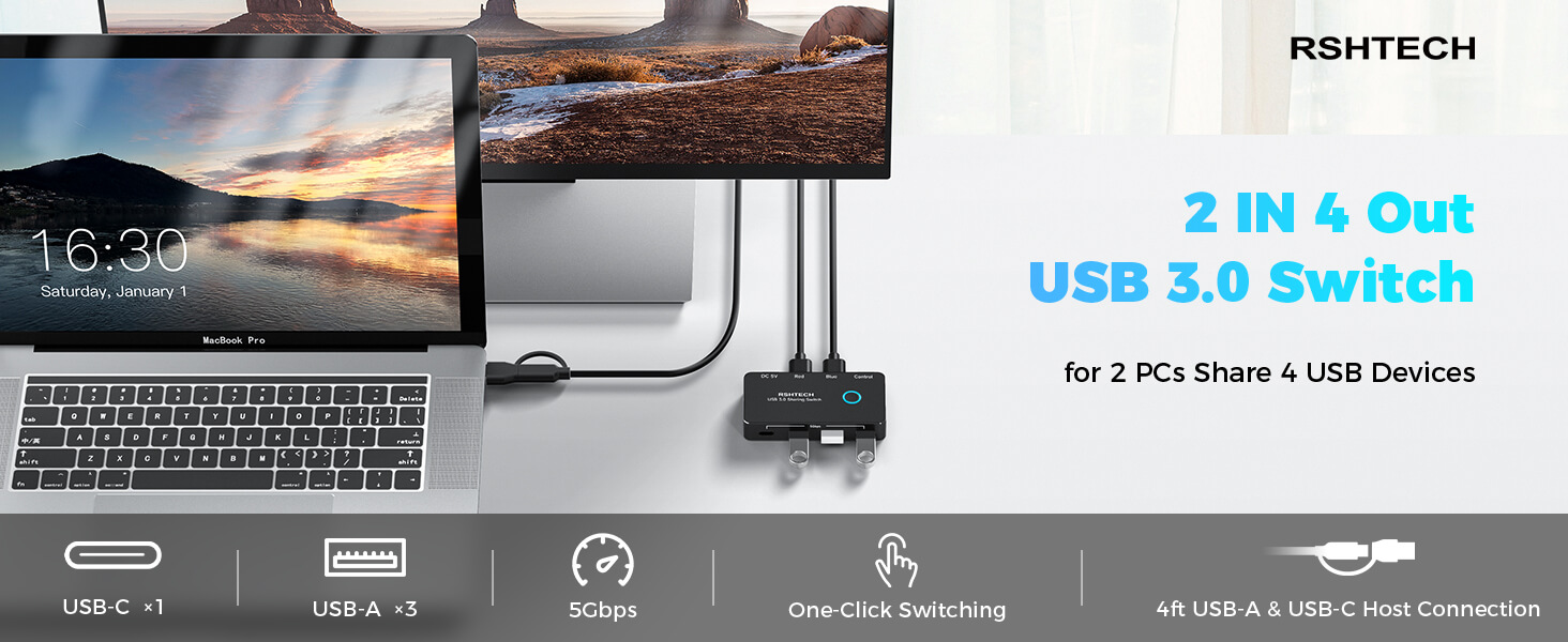 RSHTECH USB 3.0 USB C Switch 2 Computers Share 4 USB devices