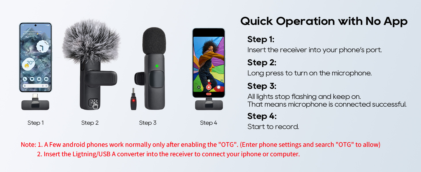 Operation with No App wireless microphone for android phone ios