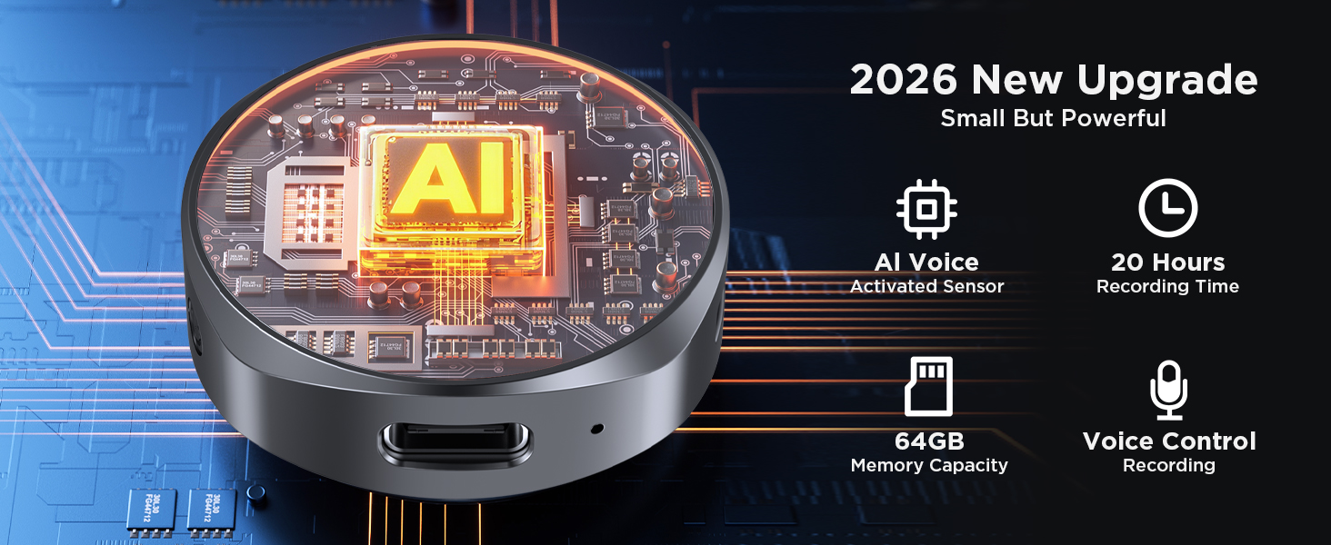 64GB Magnetic Voice Recorder - Voice Activated Recorder AI-Intelligent Noise Reduction