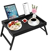 Bed Tray Table with Handles Folding Legs,Bamboo Breakfast Food Tray with Media Slot,Use As Platte...
