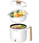 Audecook Hot Pot Electric with Steamer, 1.8L Portable Mini Travel Cooker, Multifunctional Non-Sti...