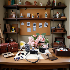 A vintage-style desk with a retro camera, photography books, and a vase of flowers, creating a cozy 