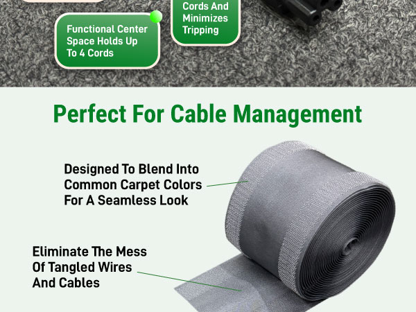 Low profile cord hider designed to blend into carpet for a clean, tidy look