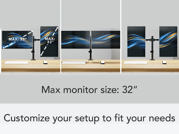 Example layouts: dual 32&amp;#34; screens in landscape or portrait on a tall pole mount.