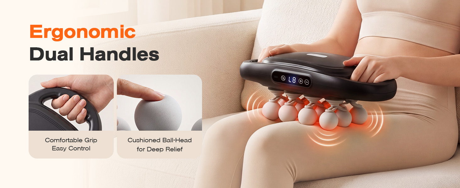 Woman holds an electric back massager by dual handles, with close-ups of grip and massage heads.