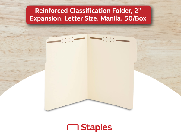 Staples Reinforced Fastener Folders, Letter, Manila, 50/Box