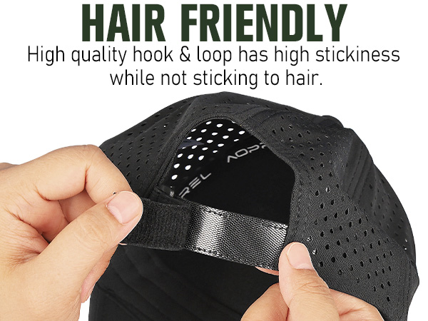 Black perforated cap with adjustable strap. Hand demonstrating hook and loop closure. Text highlights 'Hair Friendly' feature and high stickiness without adhering to hair.