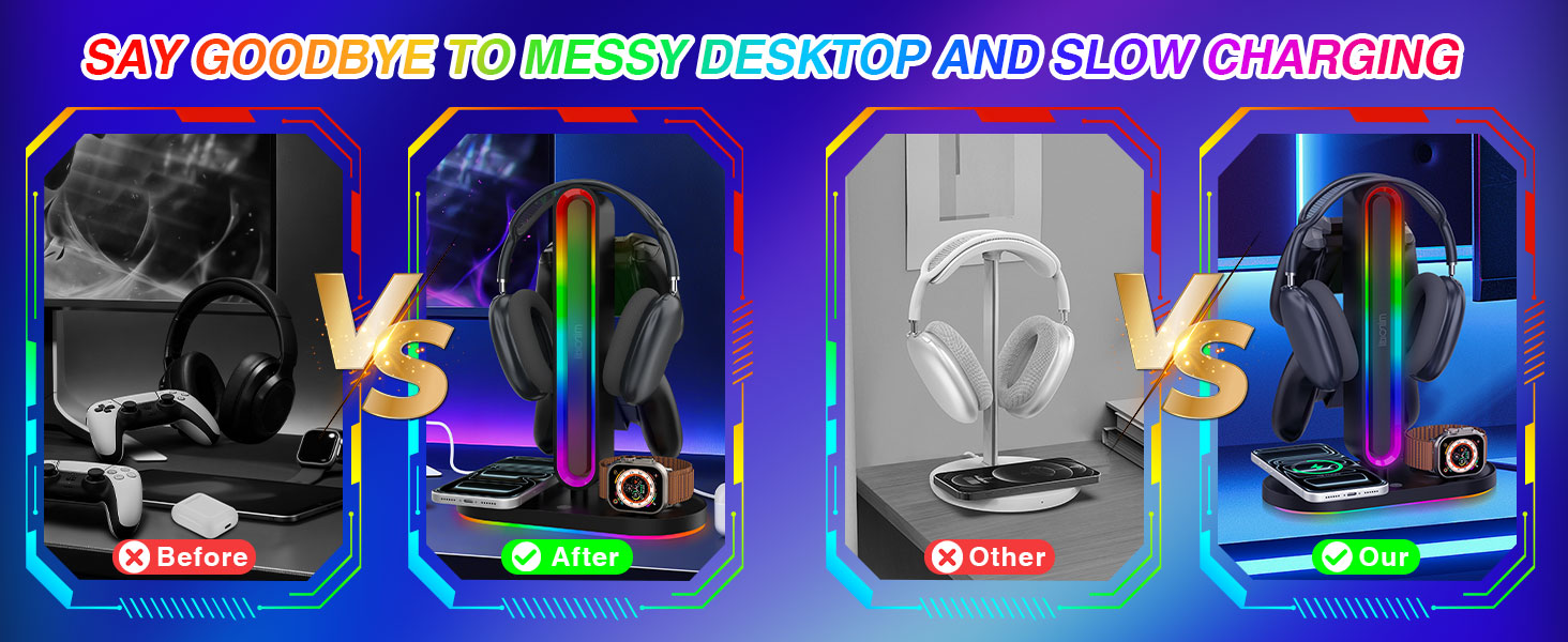 RGB Headphone Controller Stand with 15w Wireless Charger