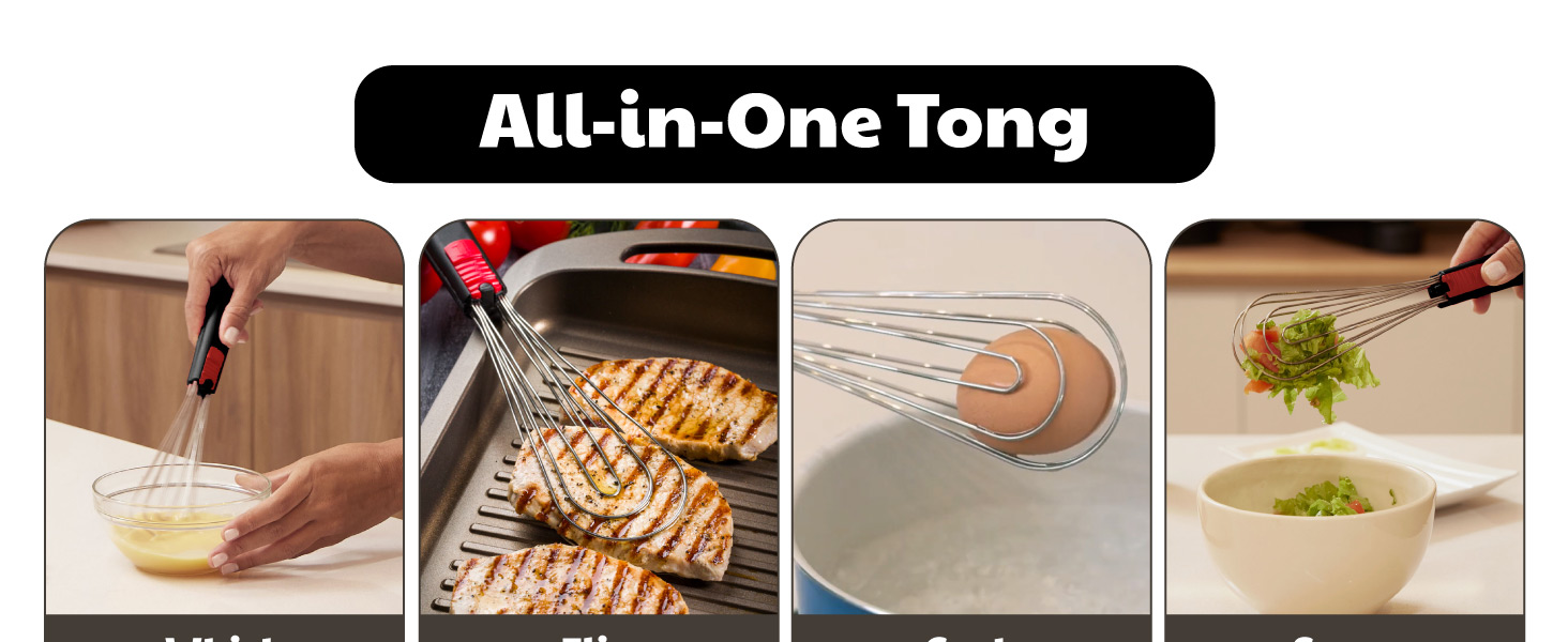 Spatula tongs for flipping fried food with one-hand operation, versatile whisk tongs