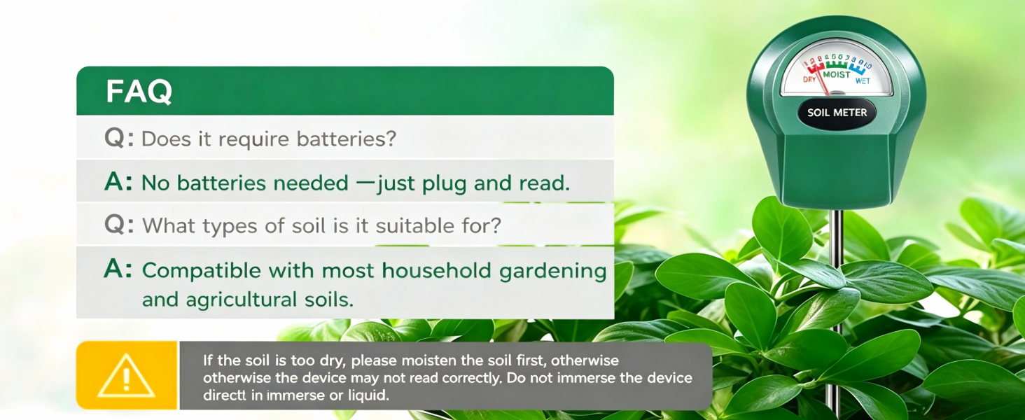 Zoiydals soil moisture meter FAQ with battery-free operation, soil compatibility and usage tips.