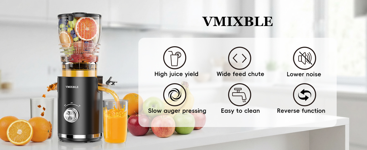 High juice yield, Wide feed chute, Easy to clean, Slow auger pressing, Lower noise, Reverse function