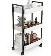 WOPITUES 3-Tier Wooden Rolling Utility Cart with Metal Handle, Mobile Organizer Trolley with 4 Lo...