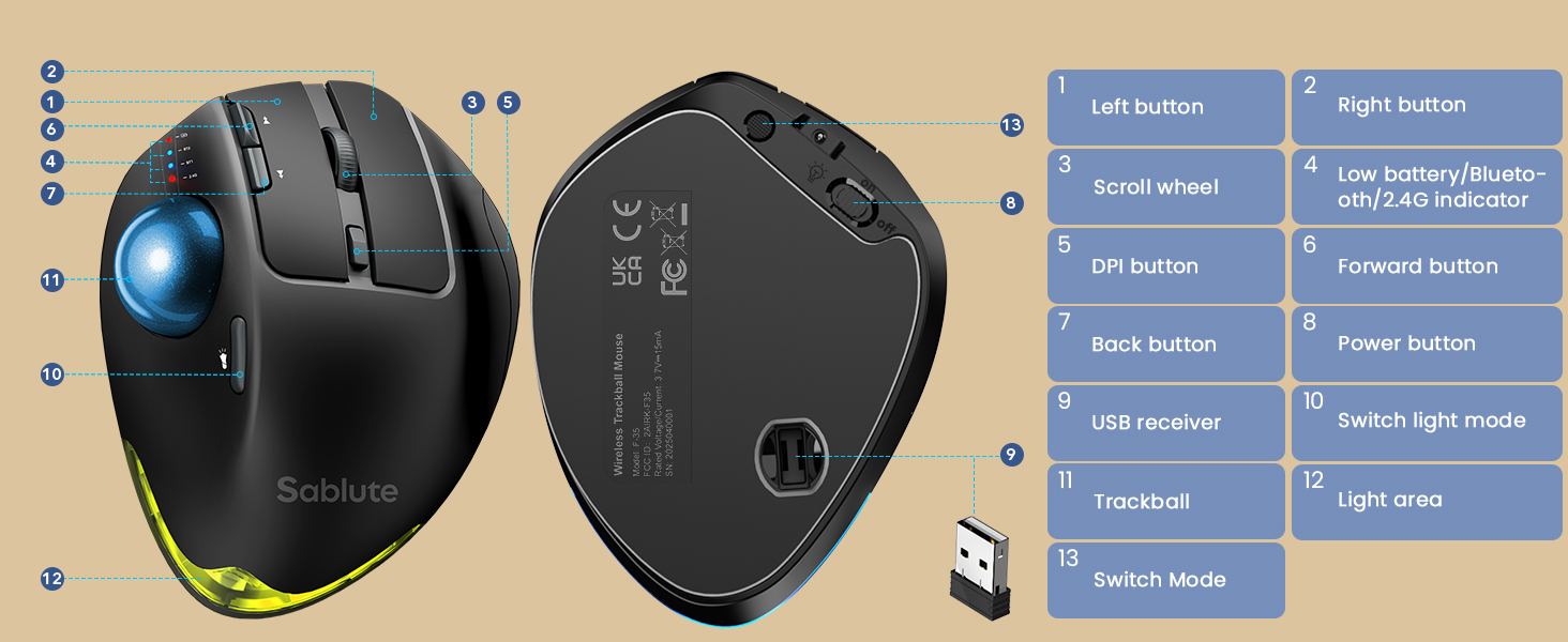 Wireless Trackball Mouse, Ergonomic Bluetooth Rechargeable Computer Mouse-Blue Ball