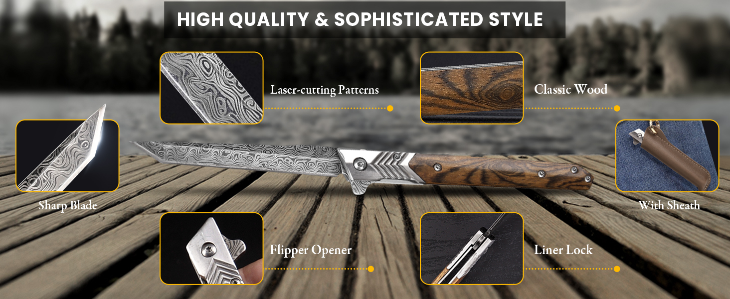 EDC Pocket Knife for Men, 3.7 inch Folding Knife with Tanto Blade and Liner Lock, Pocket Sheath