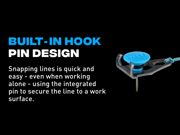 Integrated pin and hook design to secure the line for quick snapping, even when working alone.