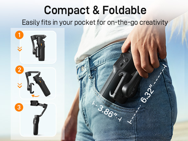Text reads 'Compact &amp; Foldable' and 'Easily fits in your pocket for on-the-go creativity'. Diagram showing device folding into pocket, with measurement indicators.