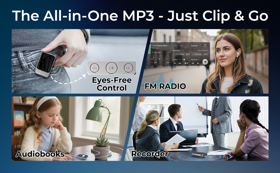 Mini Bluetooth MP3 Player with Clip HiFi Lossless Audio Shuffle Speaker Touchscreen Voice Recorder