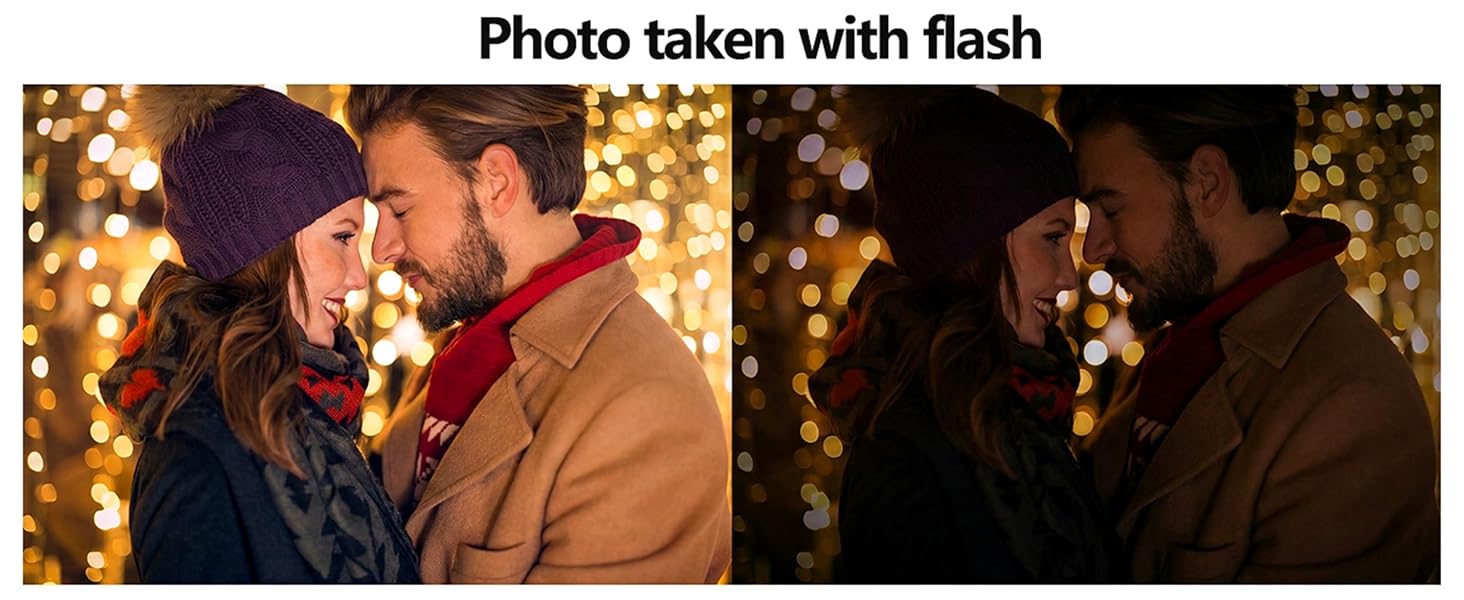 Text reads 'Photo taken with flash'. Side-by-side comparison of nighttime photos showing lighting effects with and without camera flash.