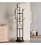 Azaeahom Solid Wood Coat Rack Freestanding, Rotating Coat Rack with 3 Shelves and 9 Hooks, Coat T...