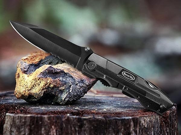Stainless steel multitool knife with black oxide finish and non-slip aluminum handle