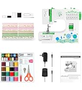 Mini Sewing Machine for Beginners with Sewing Kit &amp; 28-Piece Fabric Set(Pink/Green), 12 Built-in ...