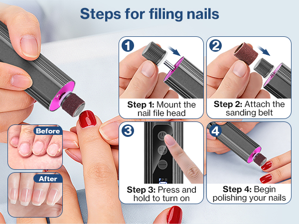 Text reads 'Steps for filing nails'. Instructional diagram showing four numbered steps for nail filing technique with before and after demonstrations.