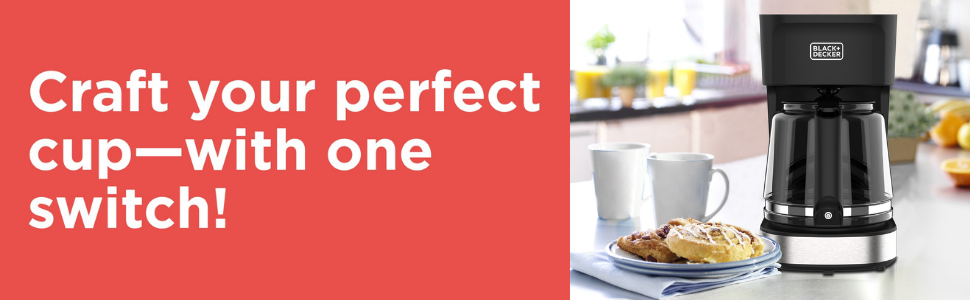 Coffee Maker Sitting Next to Food with Slogan Craft Your Perfect Cup with One Switch