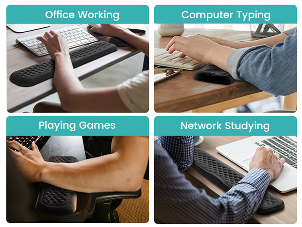 Four-panel image showcasing laptop usage: office work, computer typing, gaming, and network studying. Hands and arms visible interacting with devices.
