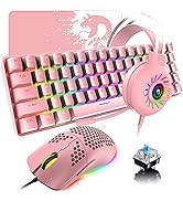 60% Mechanical Gaming Keyboard and Mouse and Mouse pad and Gaming Headset,4 in 1 Wired 68 Keys LE...