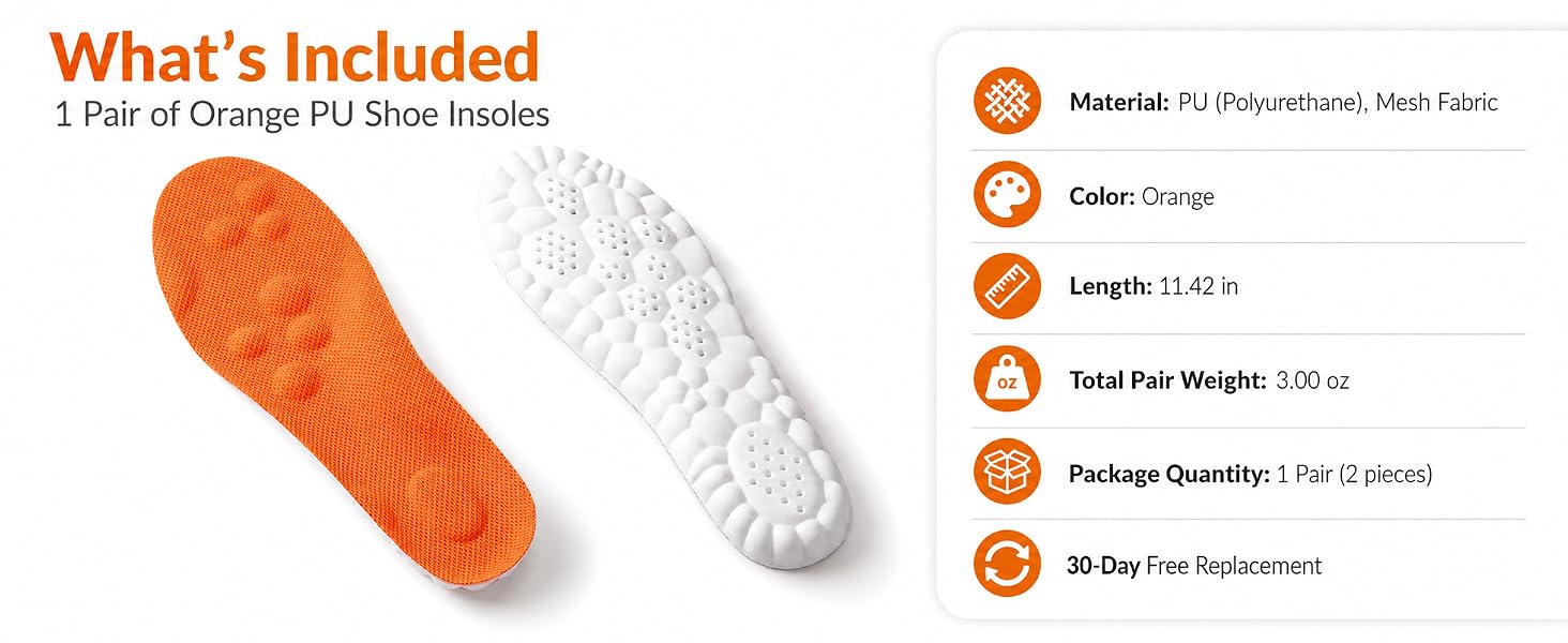 1 pair orange PU shoe insoles with PU mesh construction, 11.42 in length, 3 oz weight