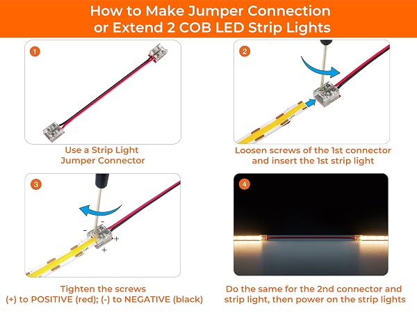 Extend 2 COB LED strip lights by using 2-pin jumper connector with step-by-step wiring guide
