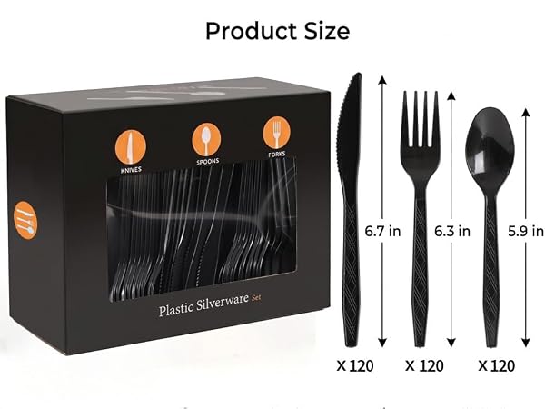 The plastic disposable cutlery set comprises a 6.7-inch knife, a 6.3-inch fork and a 5.9-inch spoon.