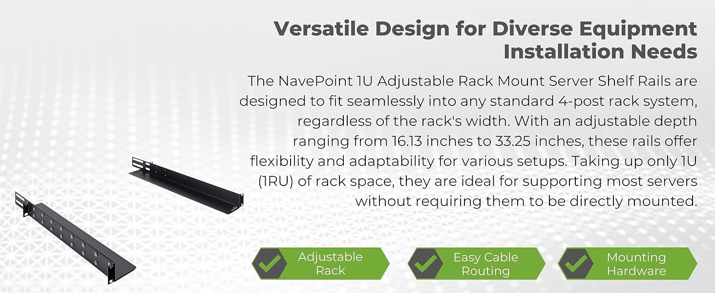 NavePoint 1U Adjustable Rack Mount Server Shelf Rails