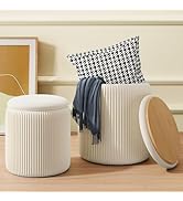 Round Ottoman with Storage Set of 2, White Vanity Stool, Upholstered Velvet Storage Ottomans, Mak...