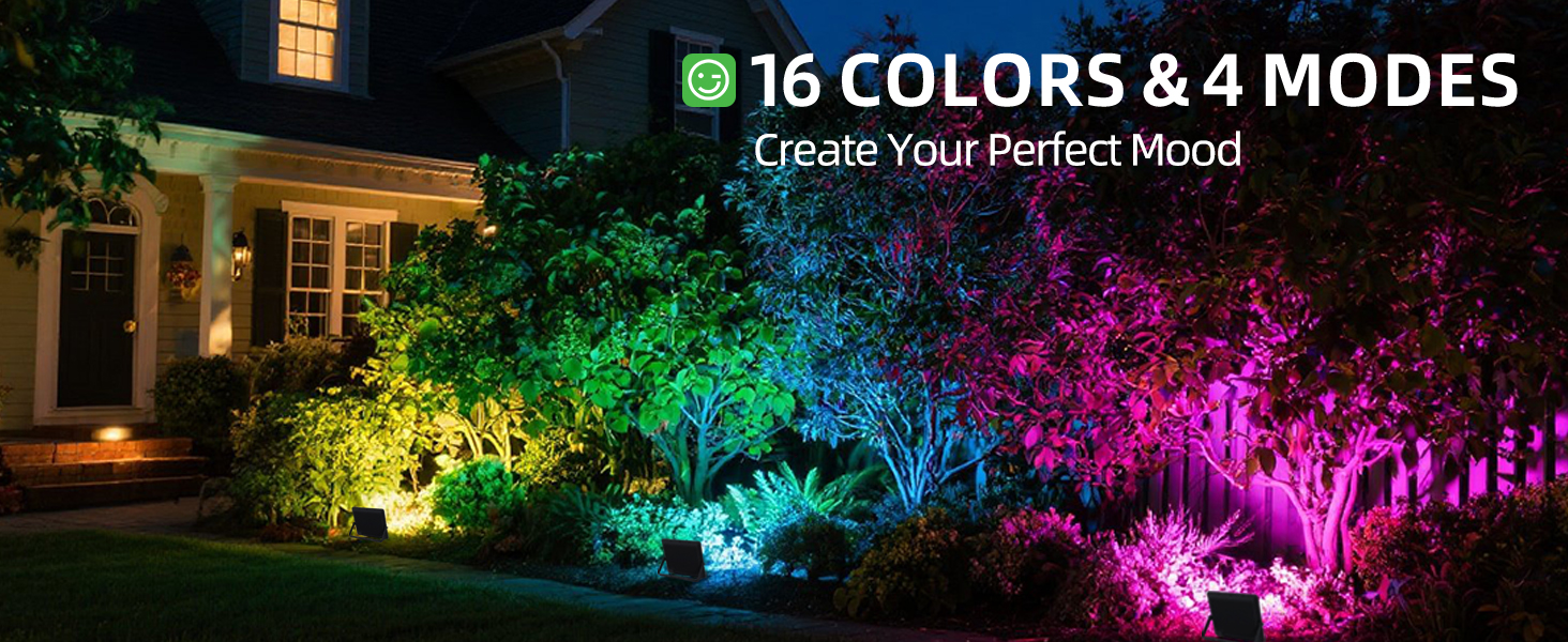 60W RGB flood lights with 16 colors and 4 modes, create colorful outdoor lighting